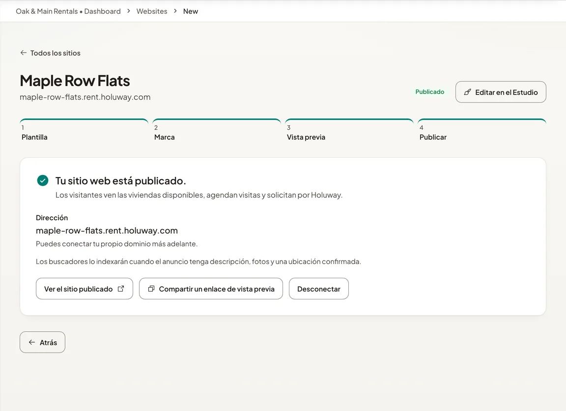 El sitio de Maple Row Flats, publicado en su dirección de Holuway, con Ver el sitio publicado y Compartir un enlace de vista previa.