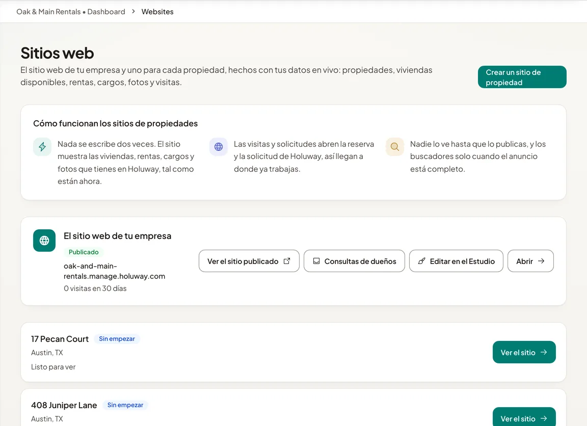 La pantalla Sitios web de Holuway: el sitio de la empresa, publicado, y cada propiedad con su sitio listo para ver.