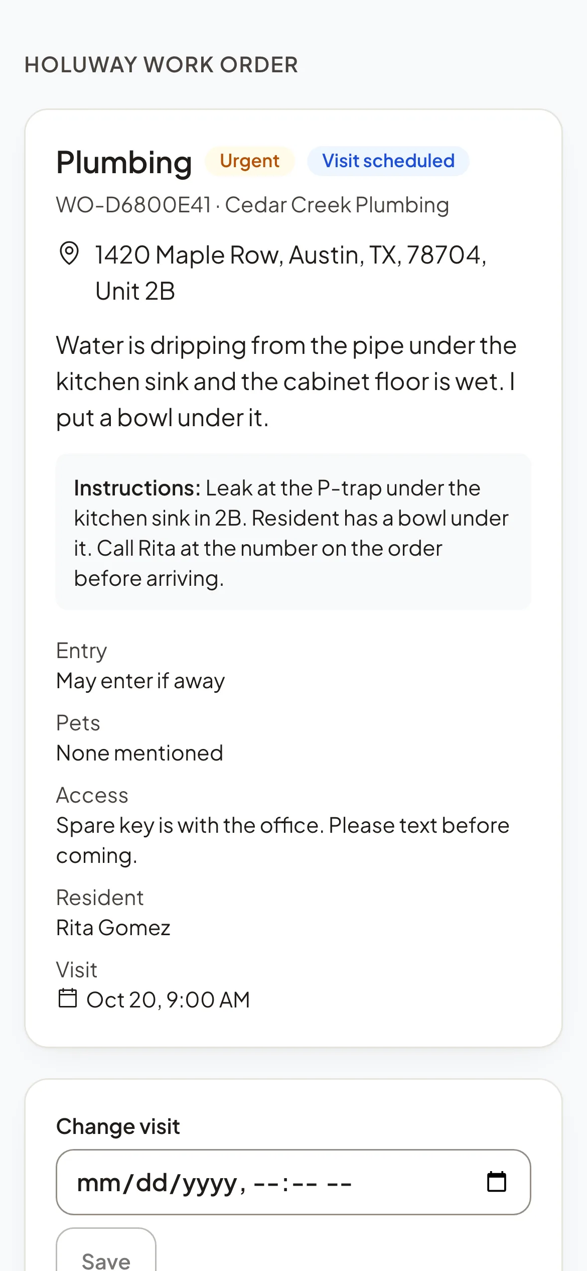 The vendor's work order page on a phone, with the job and the accept button.