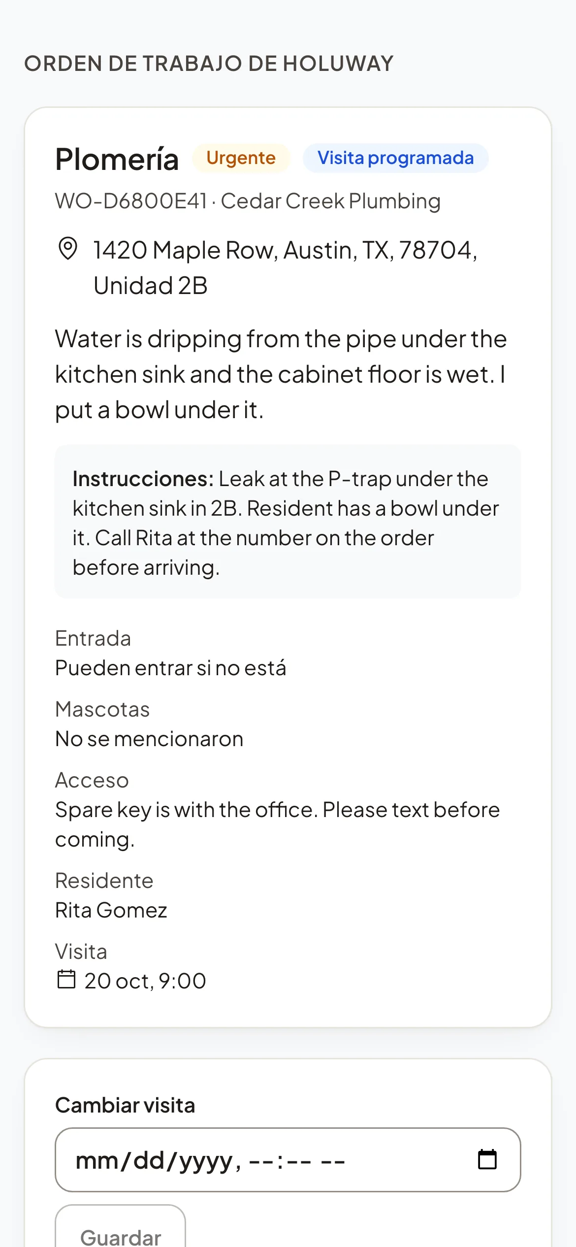 La página de la orden de trabajo del proveedor en un celular, con el trabajo y el botón para aceptar.