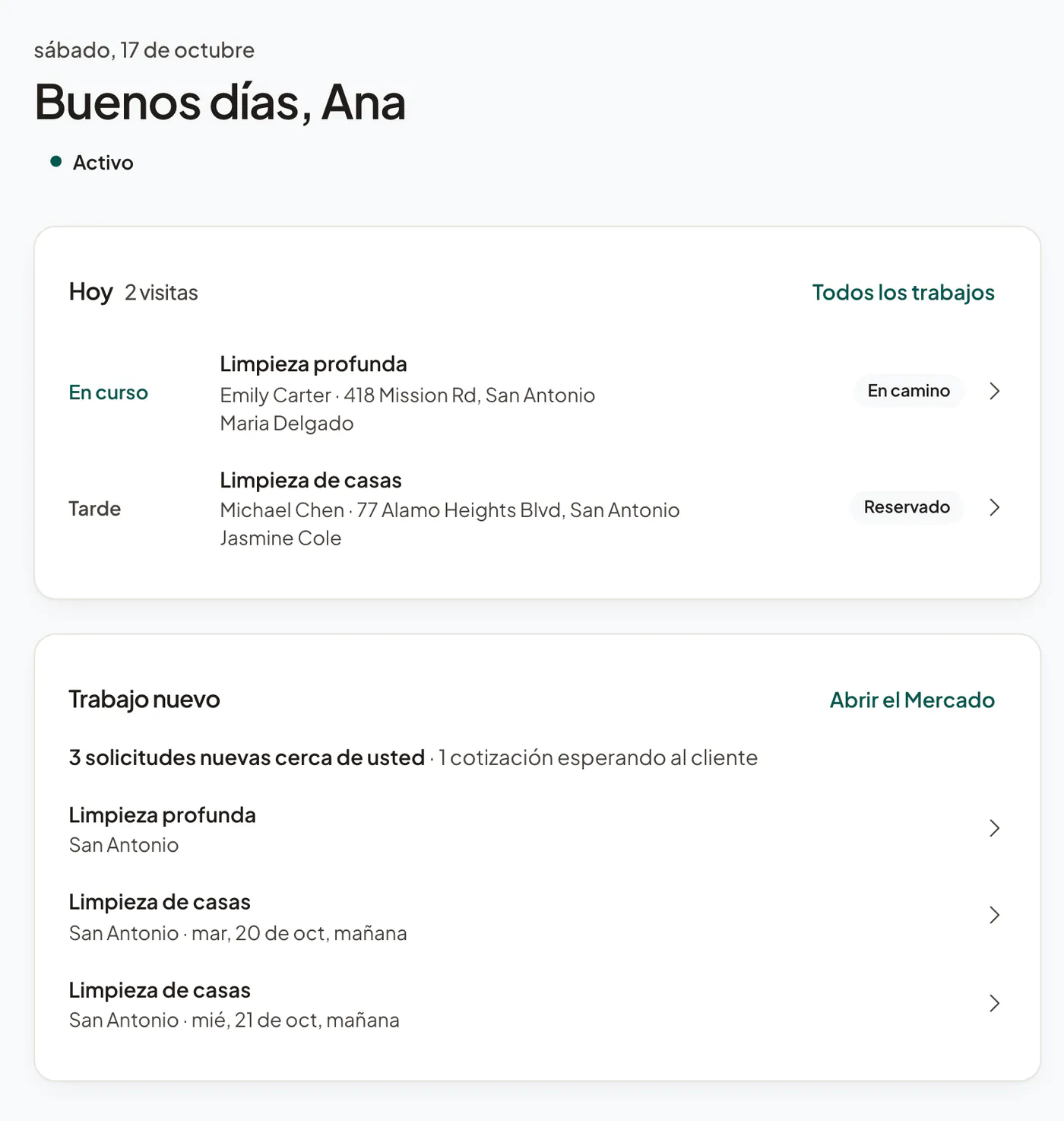 El día de un profesional de servicios en Holuway for Pros, con un negocio de muestra.