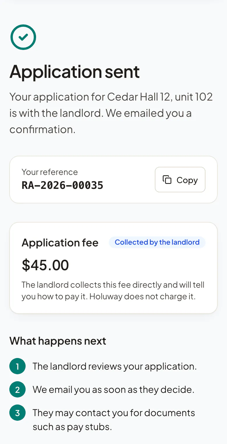 The confirmation an applicant sees on a phone after applying for a sample home: the reference and what happens next.