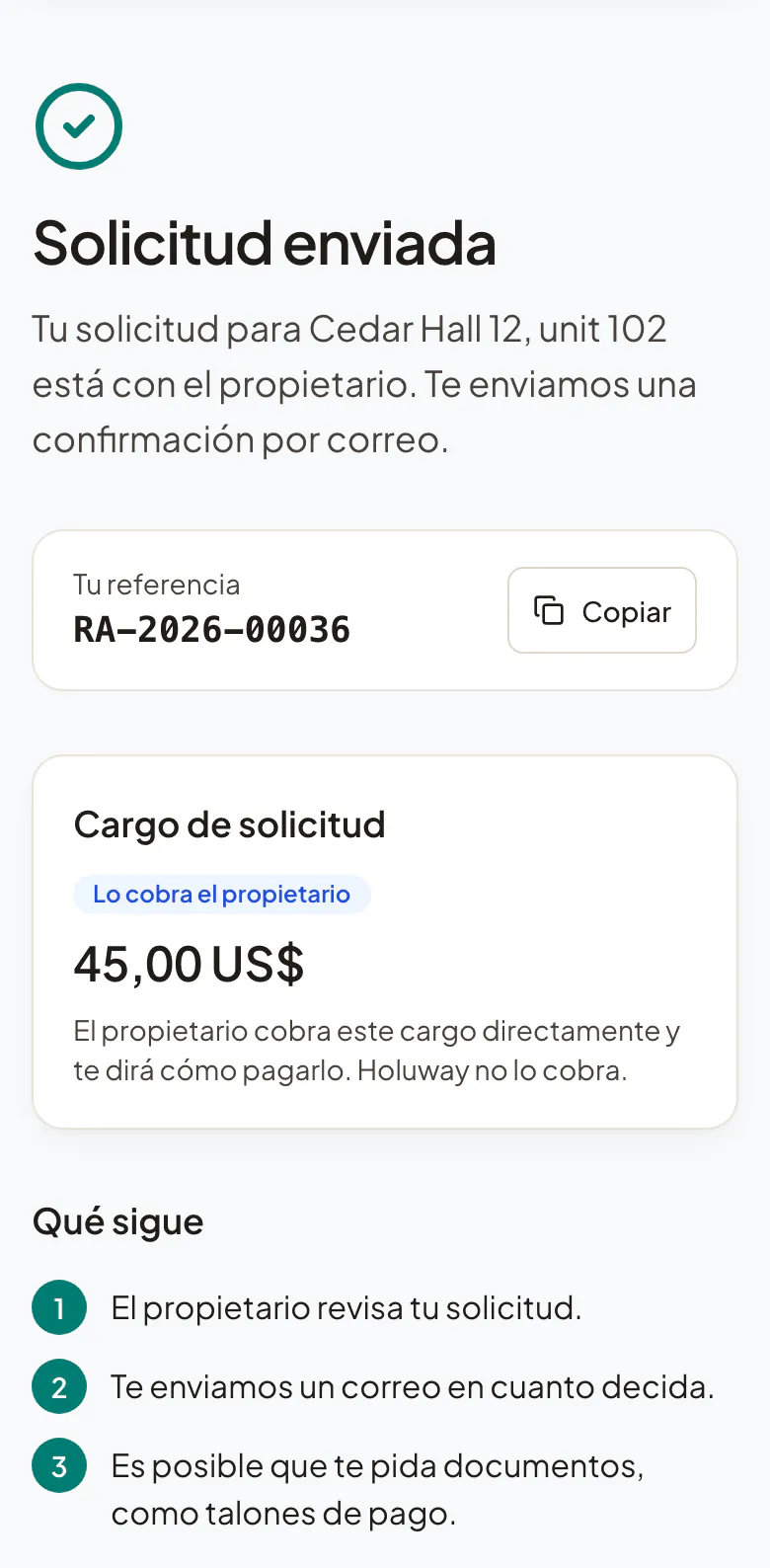 La confirmación que ve un solicitante en su teléfono después de enviar su solicitud para una vivienda de muestra: la referencia y lo que sigue.