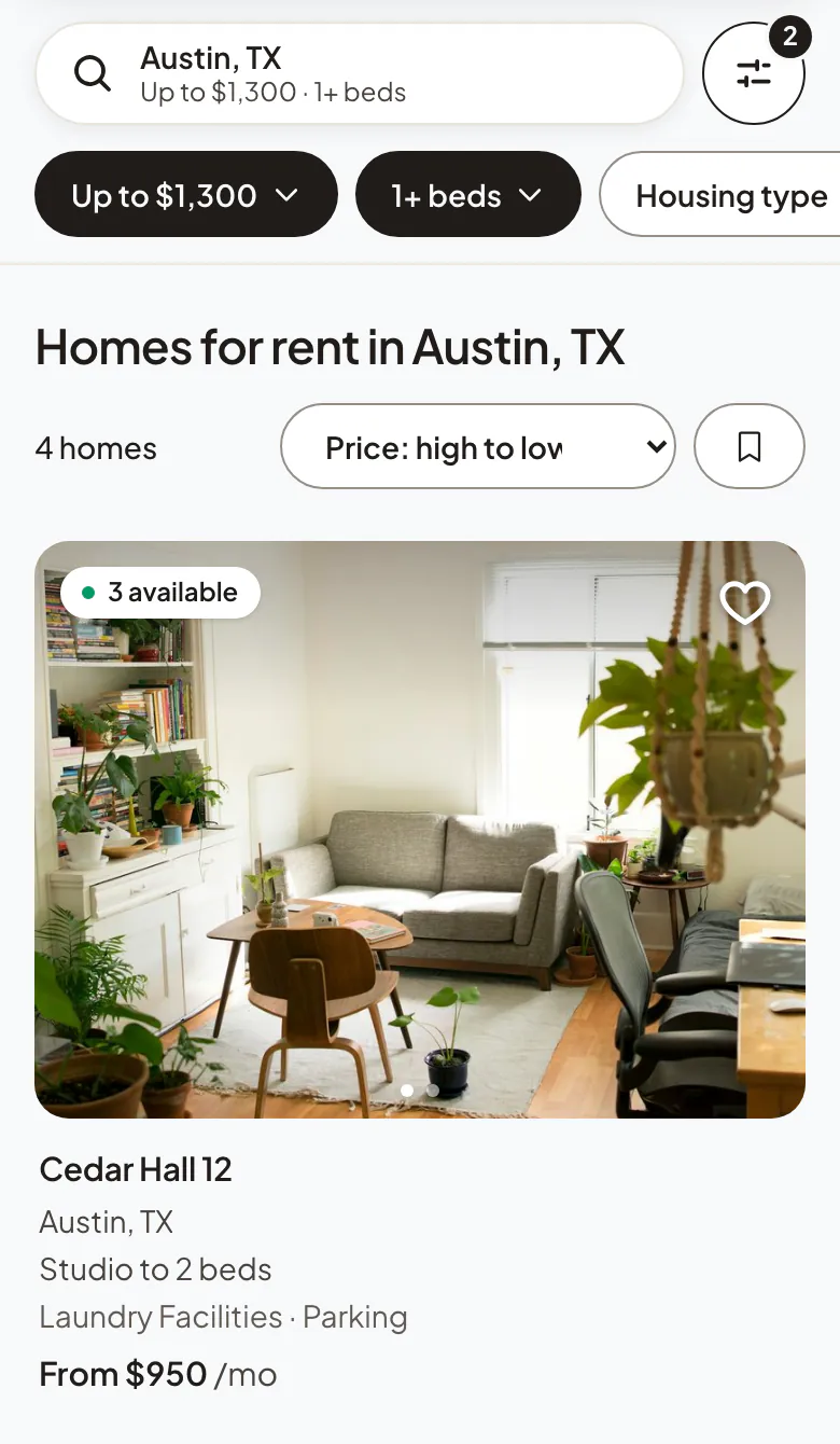 Holuway search on a phone: a sample home, Cedar Hall 12, with its photo, beds and starting rent.