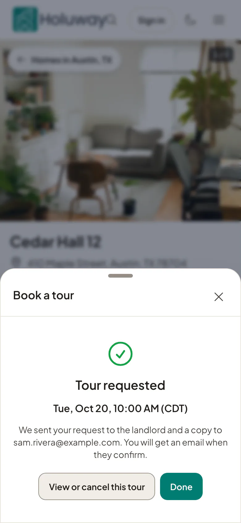 A tour requested from a phone: the time chosen, and an email to come when the landlord confirms.
