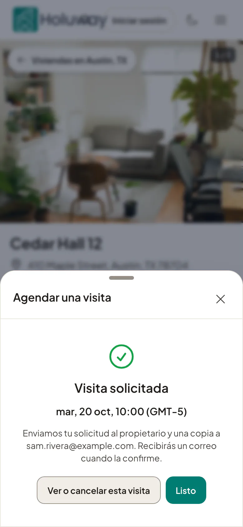 Una visita solicitada desde un teléfono: la hora elegida, y un correo que llegará cuando el arrendador confirme.