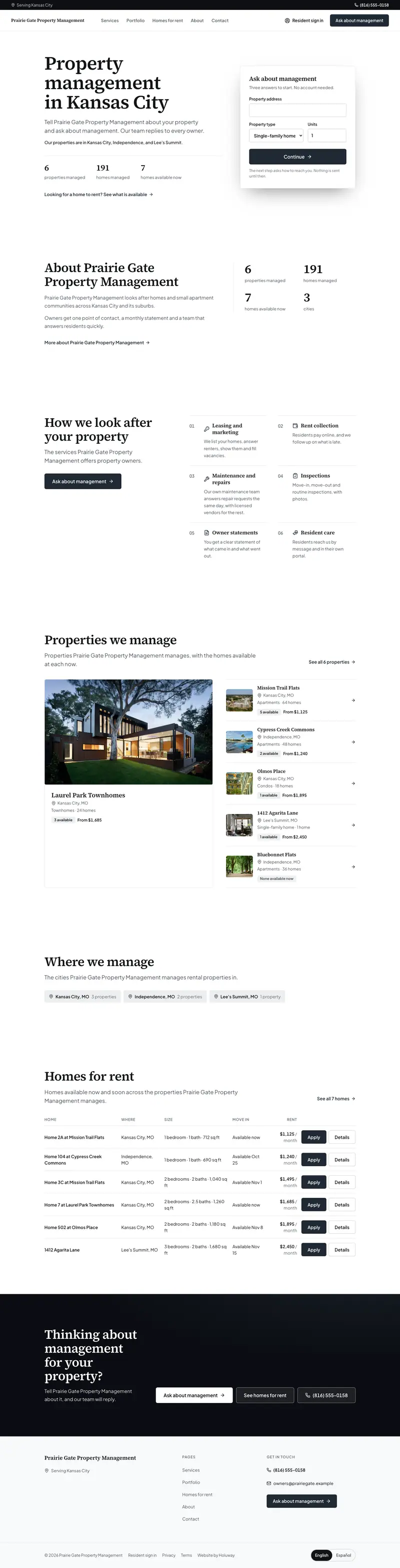 Property Management Corporate, a company websites template, drawn on a sample property by Holuway's site renderer.