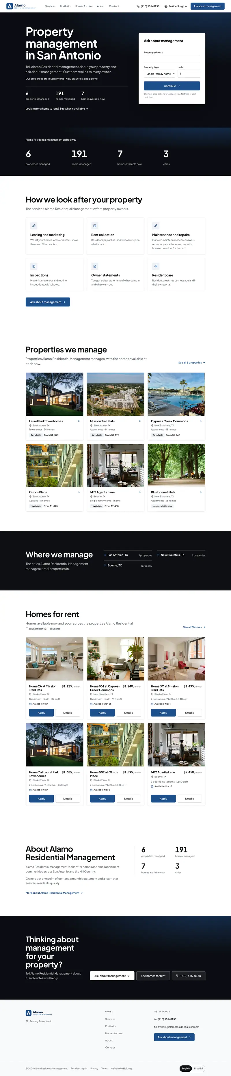Property Management Growth, a company websites template, drawn on a sample property by Holuway's site renderer.